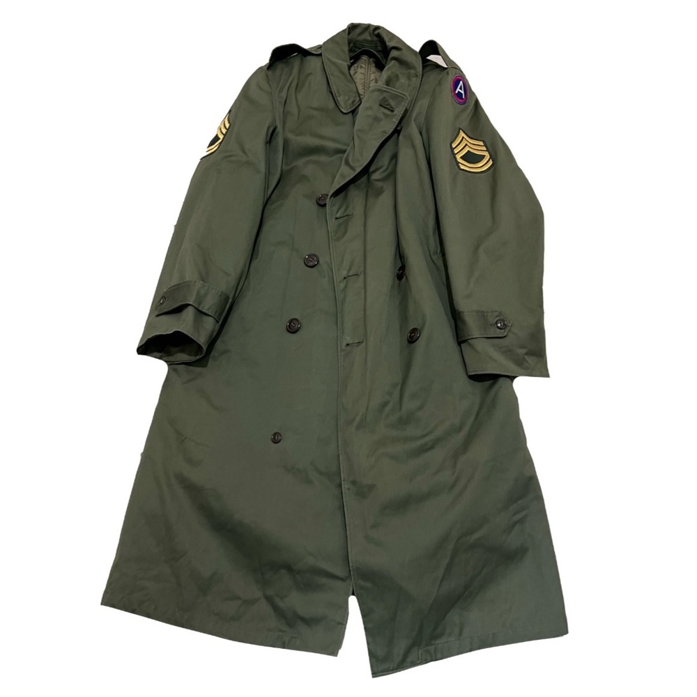 Vintage‎ US Military Trench Coat Olive Green Sergeant Third Army Overcoat Belted